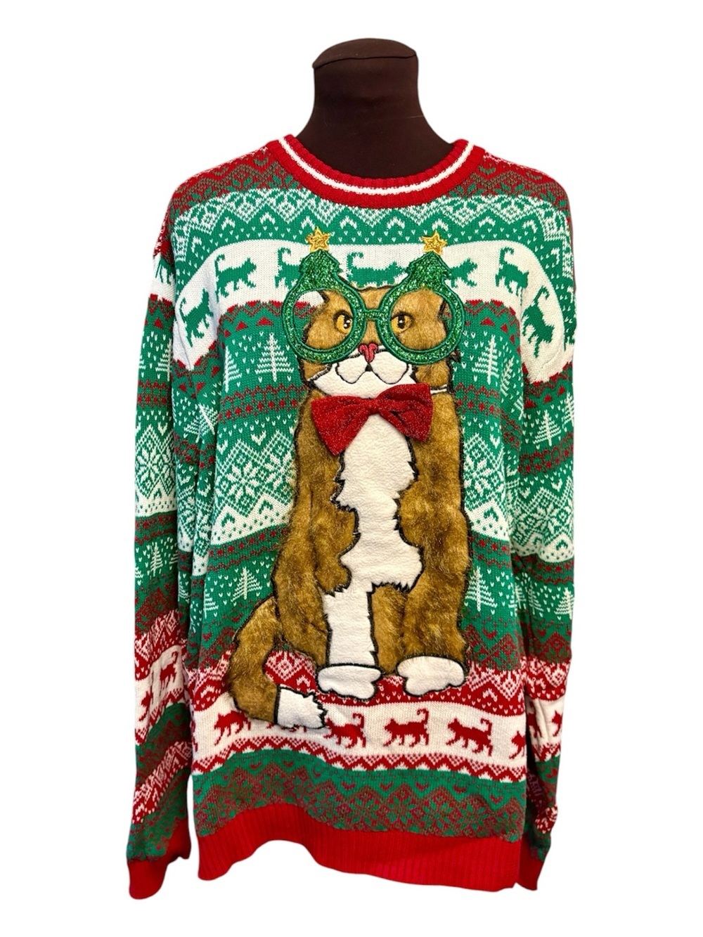 Blizzard Bay Holiday Cat Christmas Striped Pullover Sweater, Mens size XL
